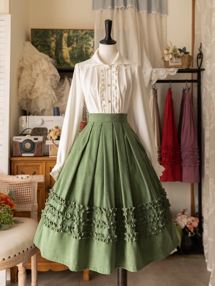 White Long-Sleeve Shirt with Double-Layered Pointed Collar