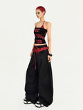 Ruffle Wide-Leg Pants with Red-Black Striped Two-piece Black Faux