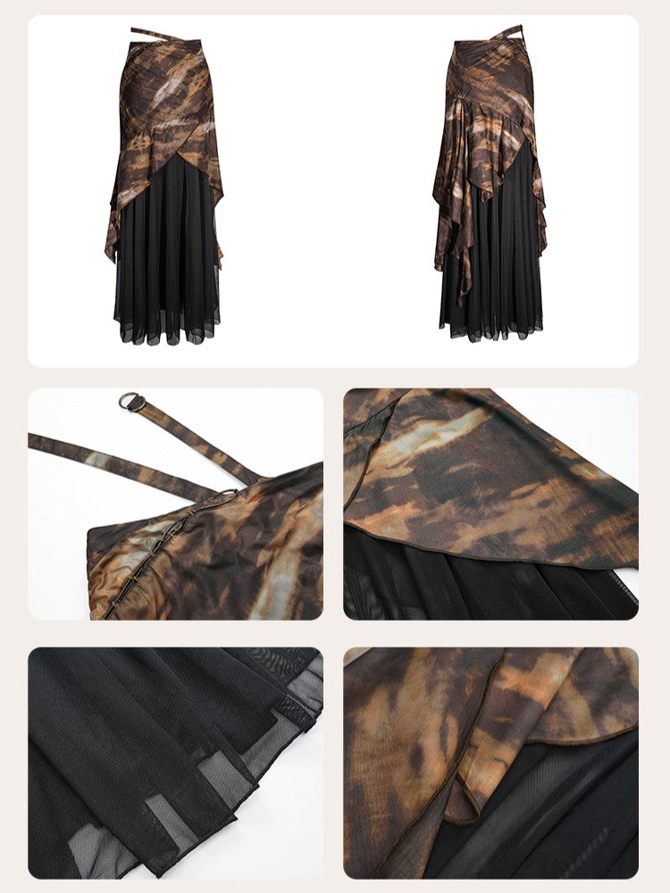 Tie-Dye Floor Length Coffee Punk Skirt with Black Mesh Lining