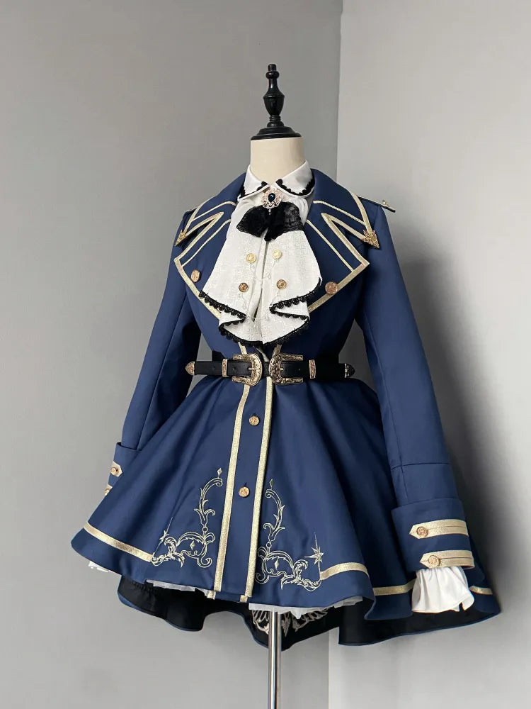 XXL Goldmantel Blauer Rock + Set Cape Shirt Jabot Besatz Ausverkaufsgröße Voll Lolita Militär und