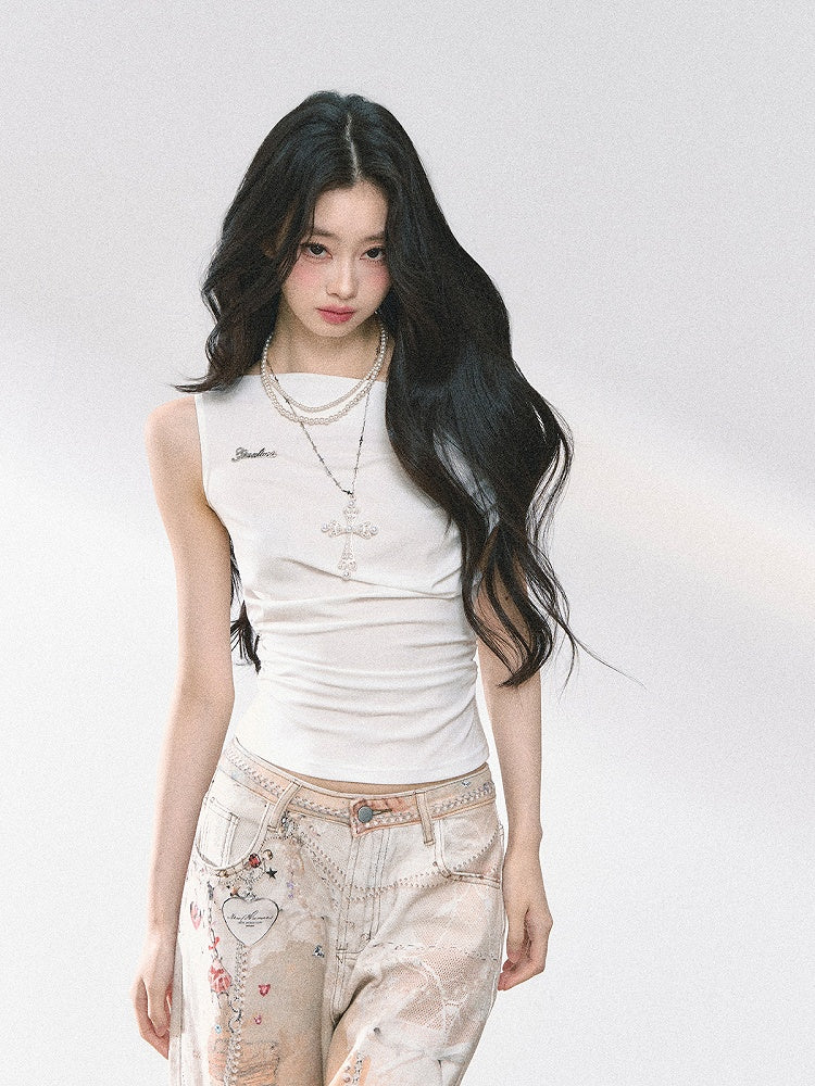 Neckline Blue White/Gray/Navy Asymmetrical T-shirt