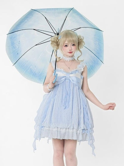 Blue Polka Dot Bow Sleeveless Bubble Dress with Lace - Tan Tuan