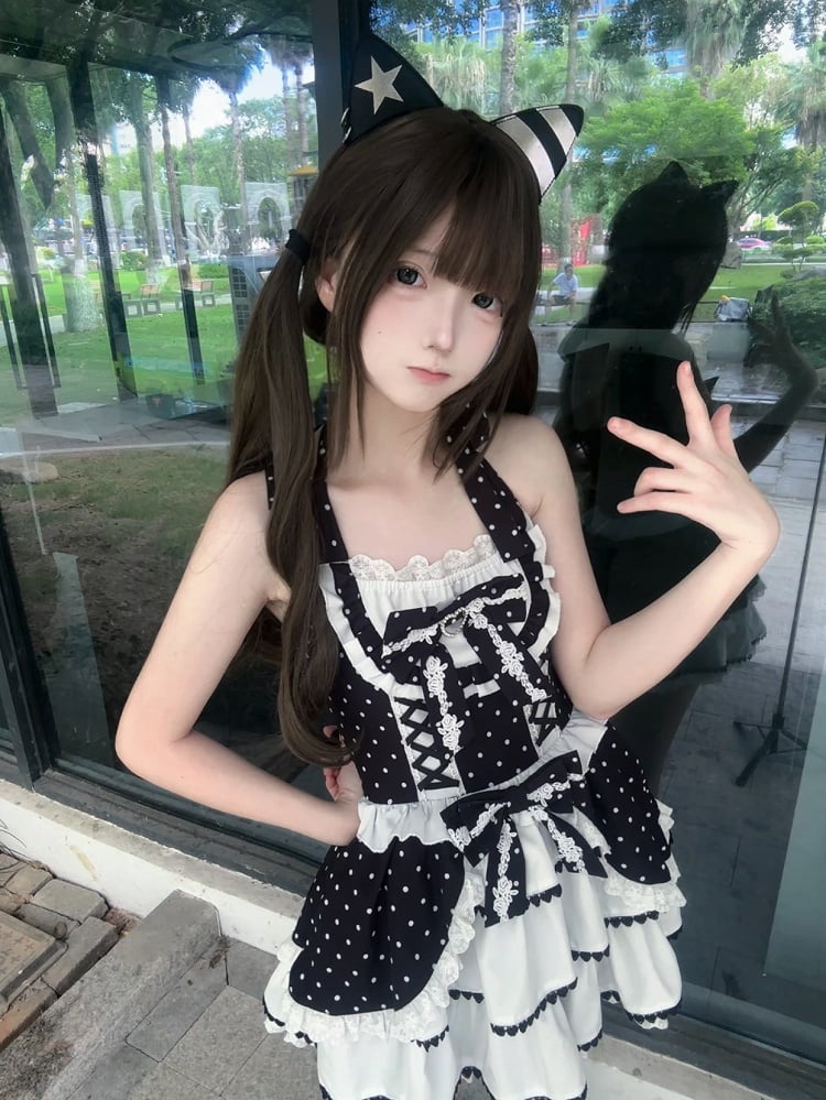 Black and White Polka Dot Elegant Halter Neck Dress / Black Peter Pan Collar Semi-Sheer Tulle Blouse