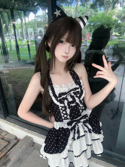 Black and White Polka Dot Elegant Halter Neck Dress / Black Peter Pan Collar Semi-Sheer Tulle Blouse