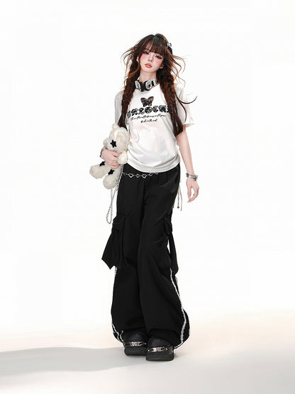 Schwarz/weißes, schmetterlingsförmiges, Ausschnittdetail, Kordelzug in der Taille, glamouröses T-Shirt