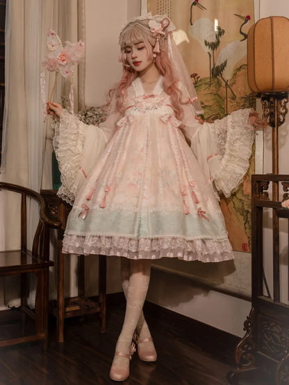 Rosa Han Lolita-Kleid mit Empire-Taille in Pfirsich- und Pfirsichblüten-Print