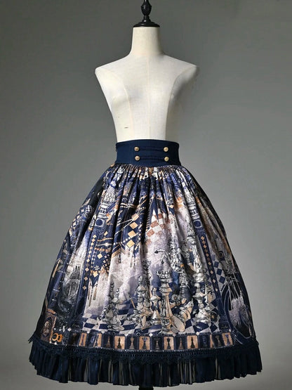 Dark Blue Corset Belt Waist Chess Print Lolita Skirt