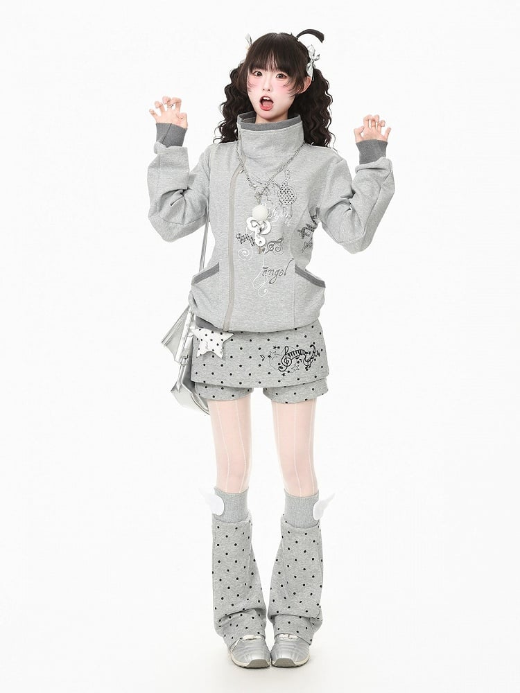Otaku Kawaii Gray Dot Two Piece Skort Music Note Star Charm Leg Warmers - Languid Park