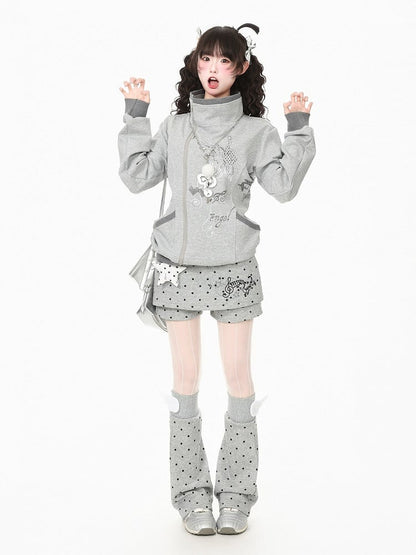 Otaku Kawaii Gray Dot Two Piece Skort Music Note Star Charm Leg Warmers - Languid Park
