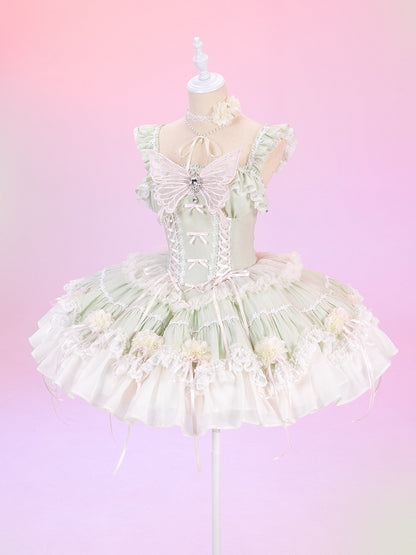 Fairy Light Green Boned Corset Waist Dress - Princess Lolita Jumper Skirt with Flowers - DevilInspired Exclusive Collection