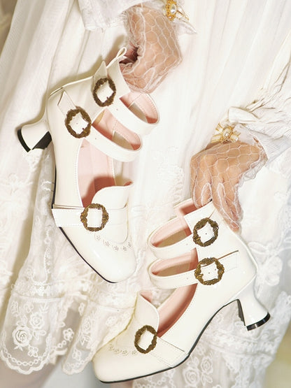 Details Lolita Elegant Mid-Heel Three-Strap Mary Rose Creamy Janes Closure White Romantic -