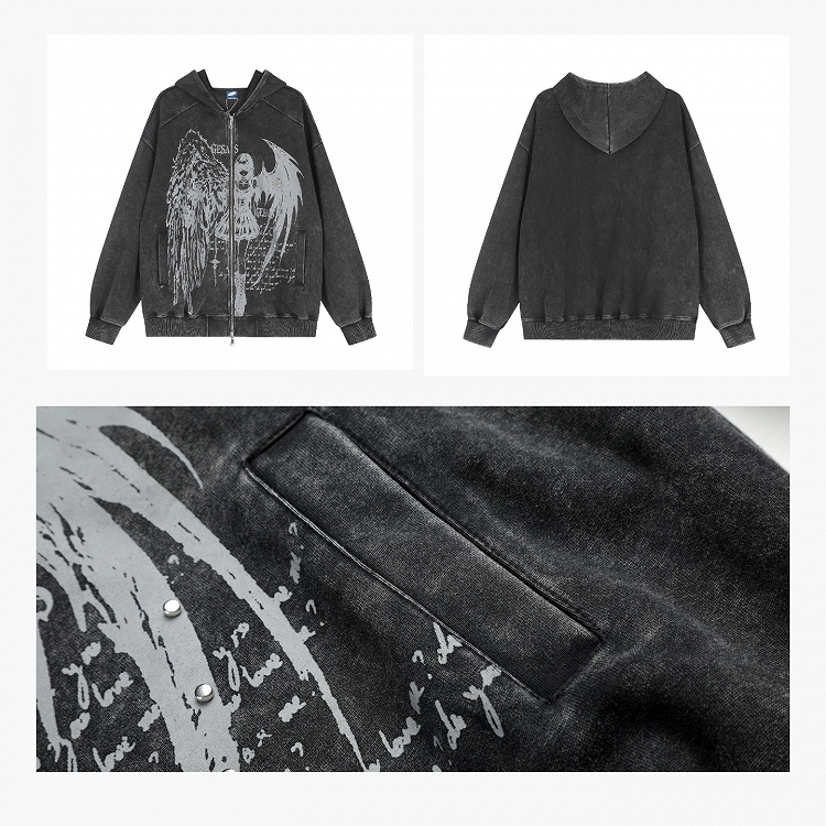 Dark Kawaii Dark Gray Zip-Up Hoodie with Portrait Graffiti Print - KNOW8 Online Shop