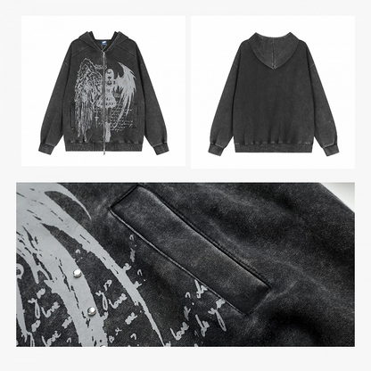 Dark Kawaii Dark Gray Zip-Up Hoodie with Portrait Graffiti Print - KNOW8 Online Shop
