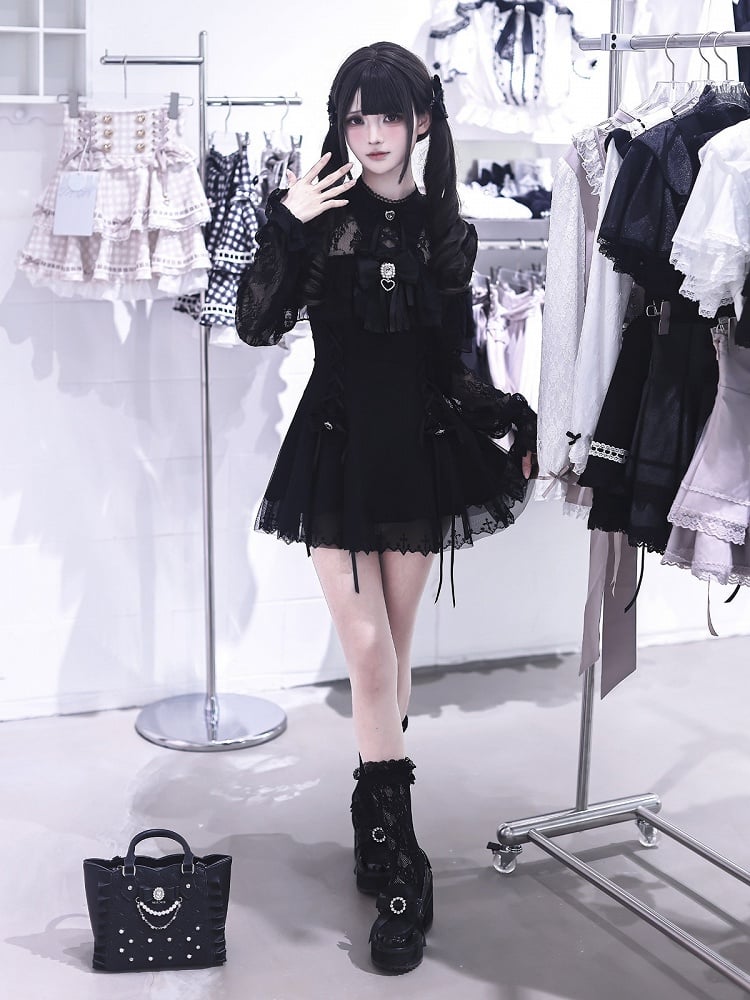 Jirai Kei Black Lace Long-Sleeve Dress with Shorts & Bow Tie Three-Piece Set - Ekomi