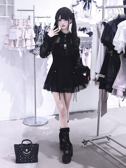 Jirai Kei Black Lace Long-Sleeve Dress with Shorts & Bow Tie Three-Piece Set - Ekomi