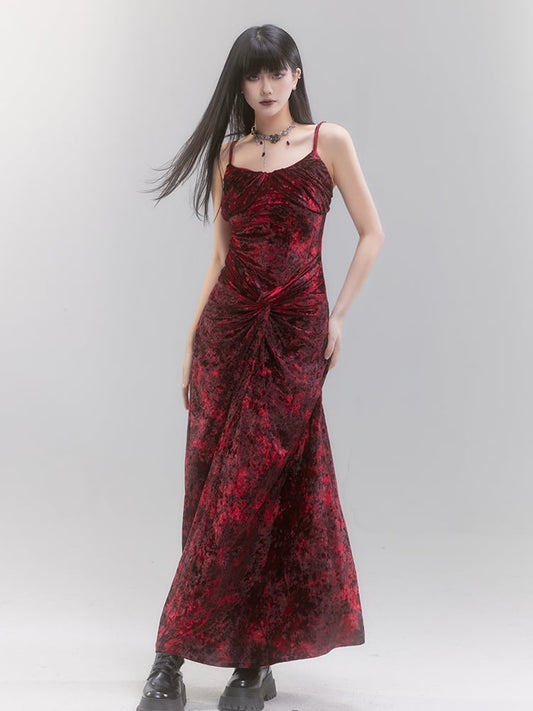 Red Velvet Twist Details Tie Dye Spaghetti Strap Dress