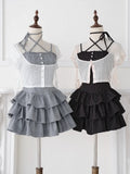 Ryousangata Gray Plaid Tiered Ruffle Camisole Dress White Cropped Top Set - No Genki