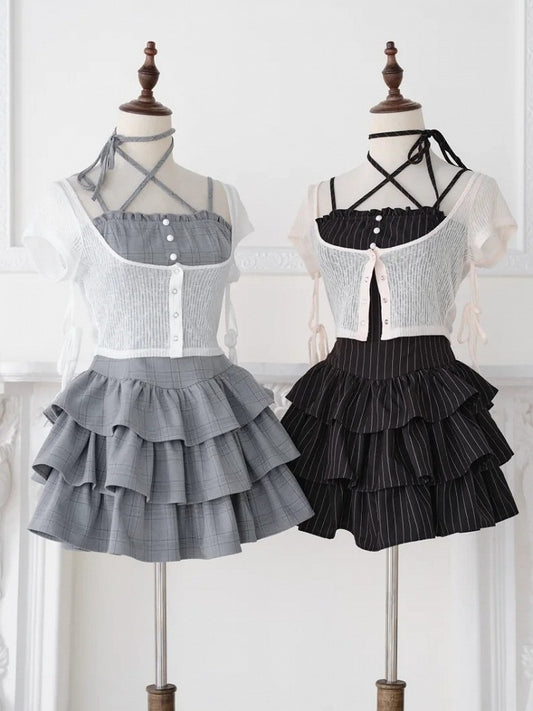 Ryousangata Gray Plaid Tiered Ruffle Camisole Dress White Cropped Top Set - No Genki