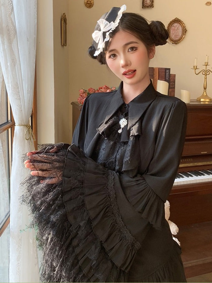 Gothic Lolita Black Blouse with Bell Sleeves and Lace - Lan Jian Chuan