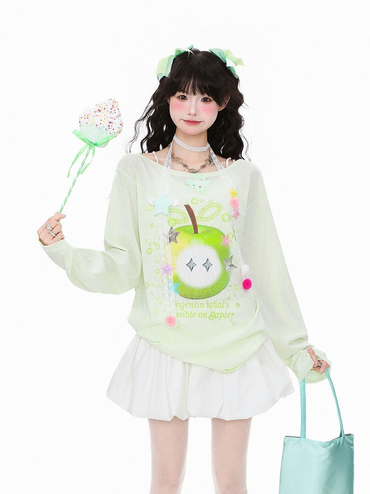 Green/White Breathable Long-Sleeve Top with Green Apple Print