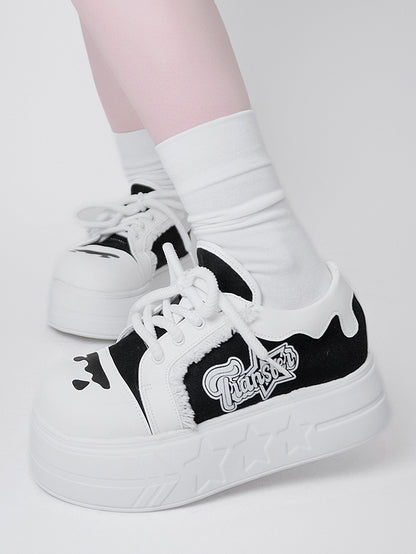 Design Print Otaku-Kwaii Lace-Up Trim Letter - Raw Edge Black Platform with Shoes White