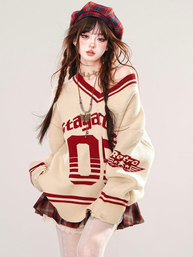 Apricot Numbers Preppy Style V-neck Loose Sweater
