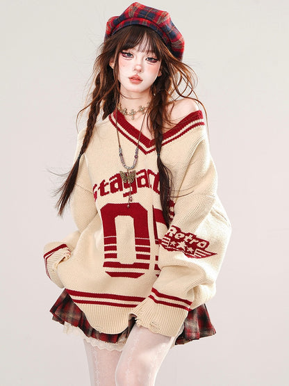 Apricot Numbers Preppy Style V-neck Loose Sweater