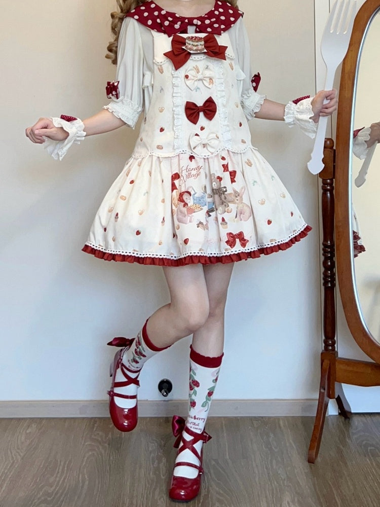 Beige Bear & Strawberry Print Adjustable-Strap Jumper Dress - Honey Village
