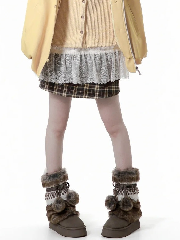 Design Plaid Pattern Patchwork with Details Skirt Brown