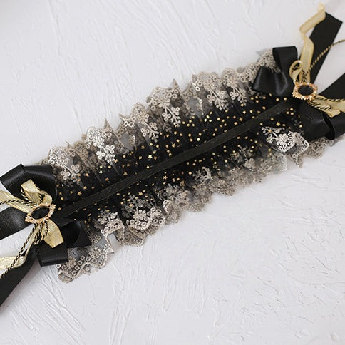 Gothic Lolita Hairband Bowknot Gorgeous and Gold Black Lace