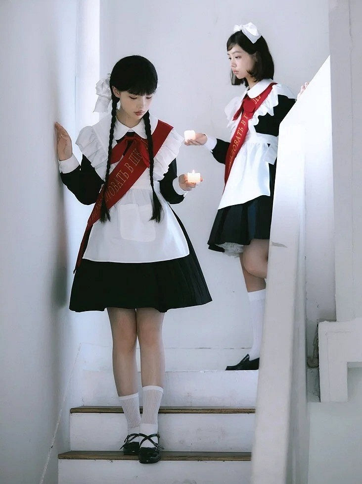 Red Black Bow Full Pleated Embroidered Maid Tie Ribbon with Sleeves Set + Lolita Apron Long Dress