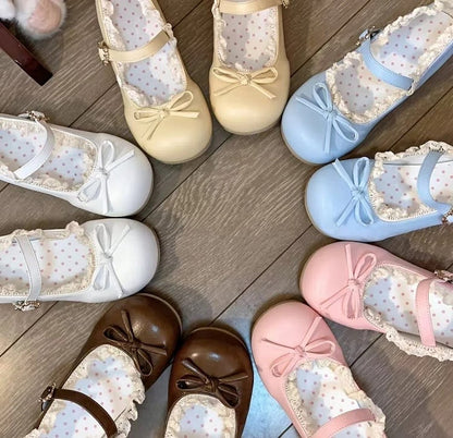 Jane Decorative Snap Sweet Blue Mary Heart-shaped Lolita Bow Shoes with Pink