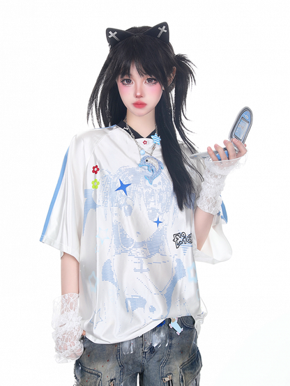 T-Shirt White V-Neck Cartoon Girl Print