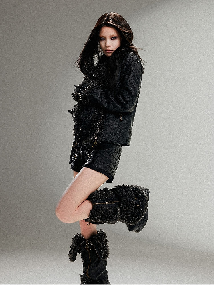 Vinatge Studs PU Strap Shorts Punk Textured with Metal Low-Rise Black Triple