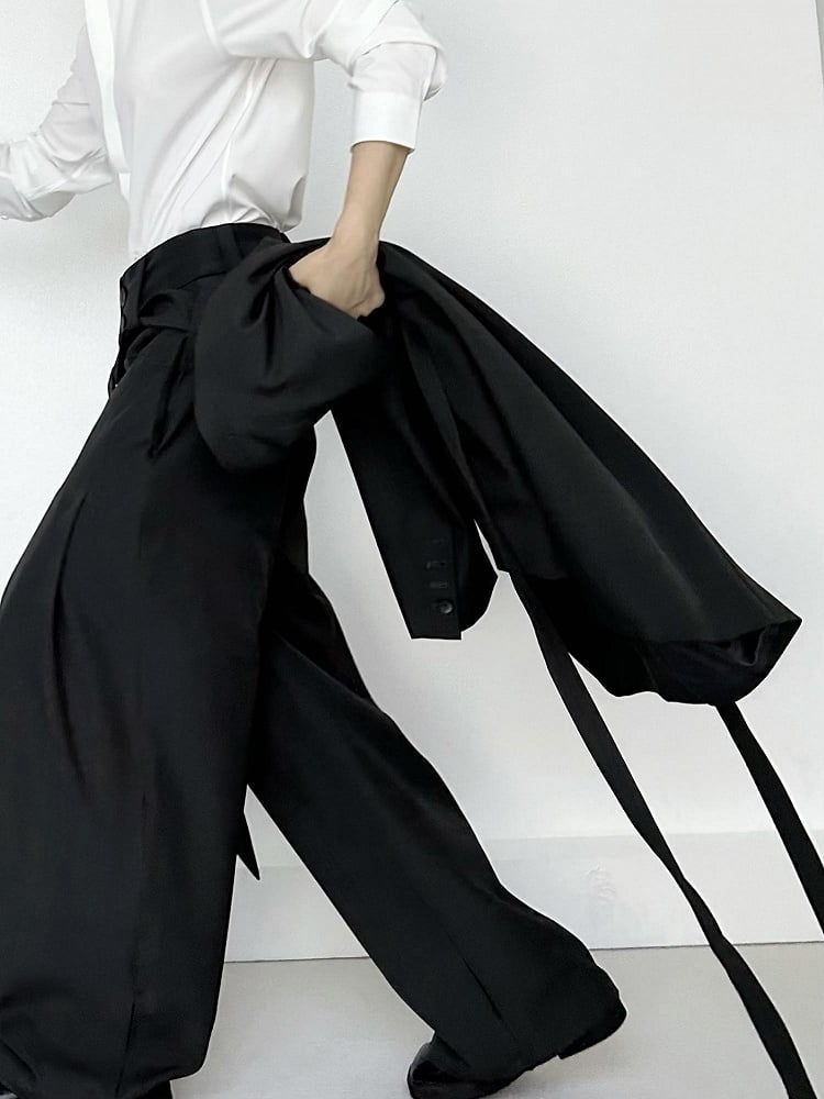 Wide-Leg Side Ribbons with Ouji Lolita Two-Button Fly Pants Black
