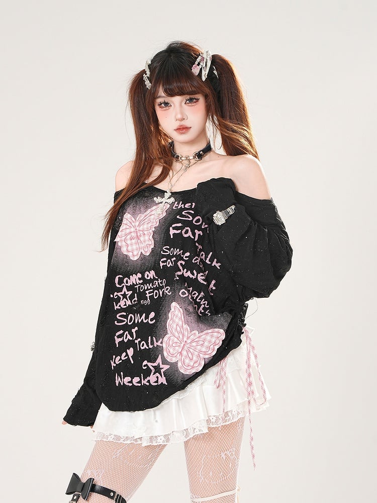 Off-the-shoulder Black/White Pink Plaid Butterfly Appliques