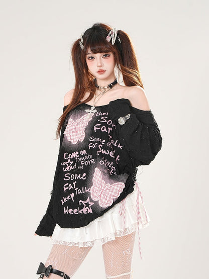 Off-the-shoulder Black/White Pink Plaid Butterfly Appliques