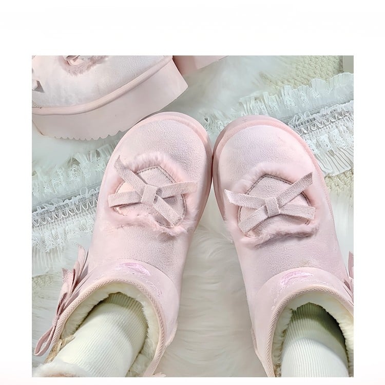 Boots Pompom Decor with Sweet Embroidery Heart Patches Pink Snow Lolita Platform - Donut