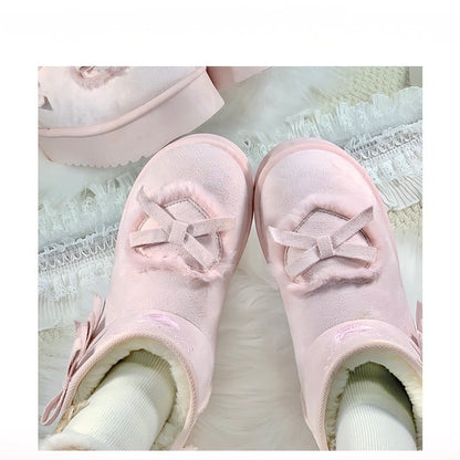 Boots Pompom Decor with Sweet Embroidery Heart Patches Pink Snow Lolita Platform - Donut