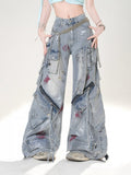 Niedrige Details Distressed Spray Paint Print Blau Weite Jeans Rise Zipper