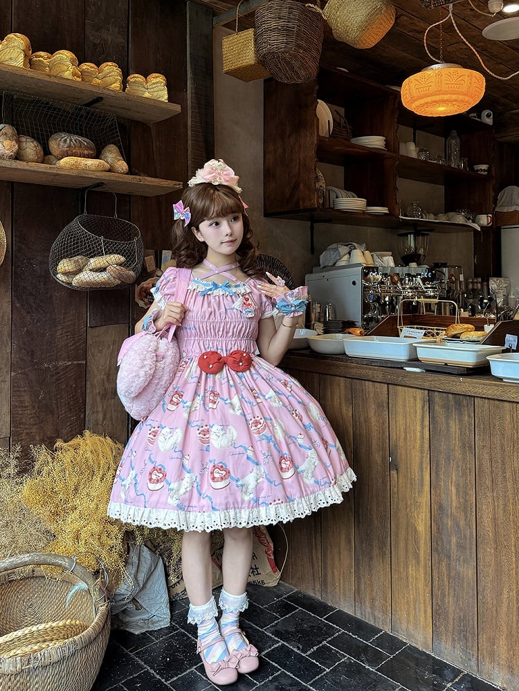 Sweet Kitty Mieder Lolita Print Einteiler gesmokt rosa elastische Schleifen und