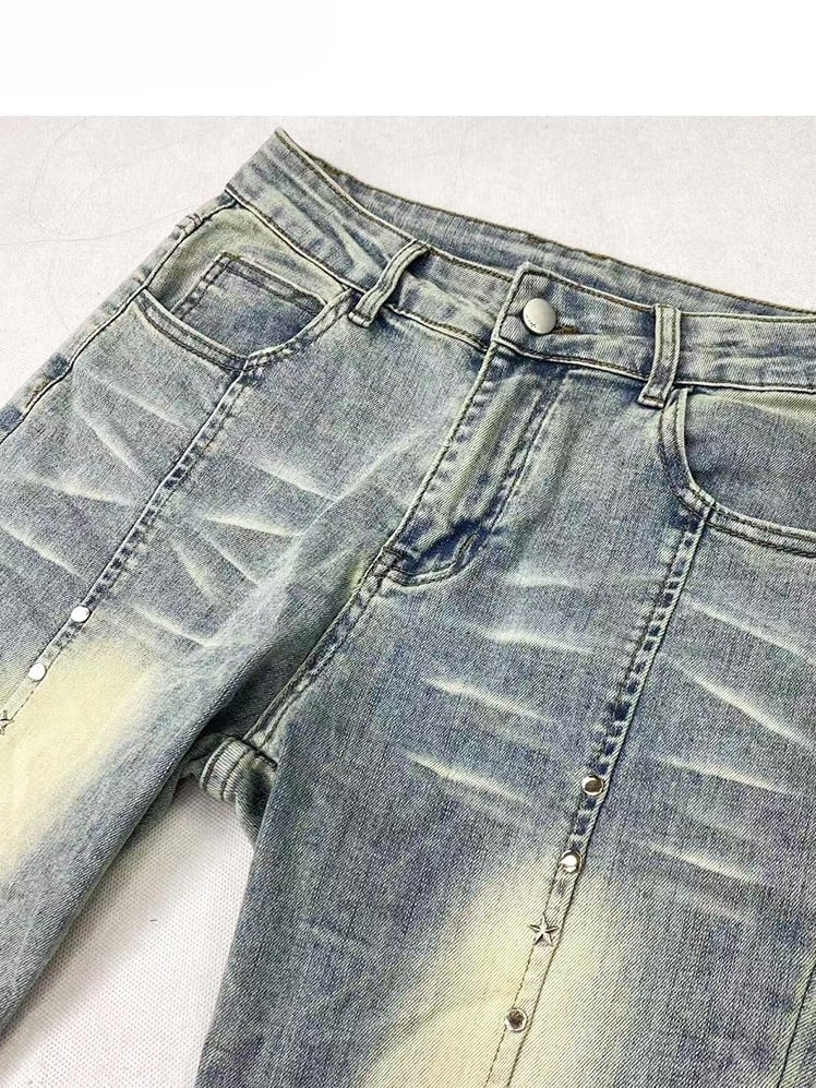 Verzierte Jeans, verblasste Bündchen, Y2K, ausgefranst, glamourös, blau, roh, Schlagtasche, Silhouette, gewaschen und