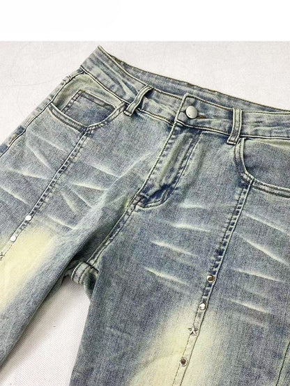 Verzierte Jeans, verblasste Bündchen, Y2K, ausgefranst, glamourös, blau, roh, Schlagtasche, Silhouette, gewaschen und