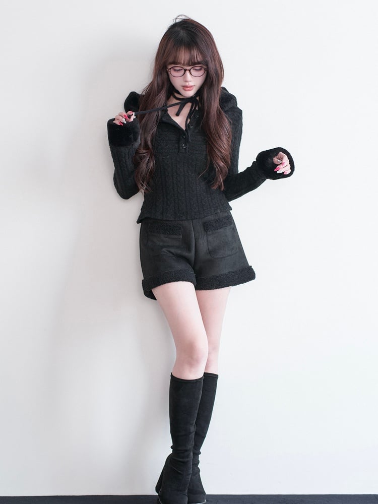 Fur Halter Hooded Kei and Knit Cuffs Design Faux with Jirai Black Tie Top Style Pure