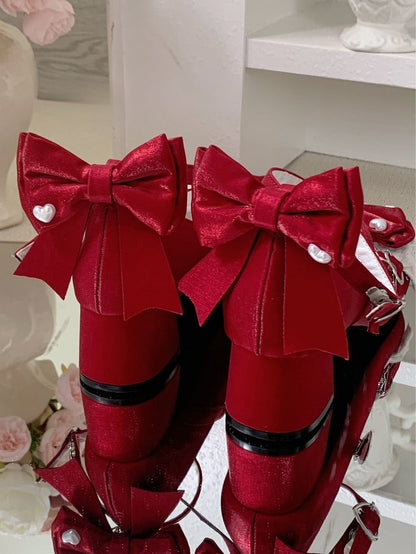 With Buckles Dual Crisscross Wine Lolita Top Design Straps Buckle Detachable Ankle Shoes Red Heart at Bow Sweet