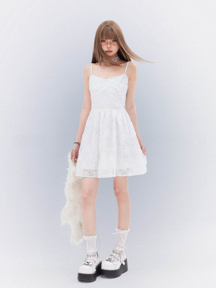 Cami Dress with Self-Tie Bow Elegant Lace White Thigh-length