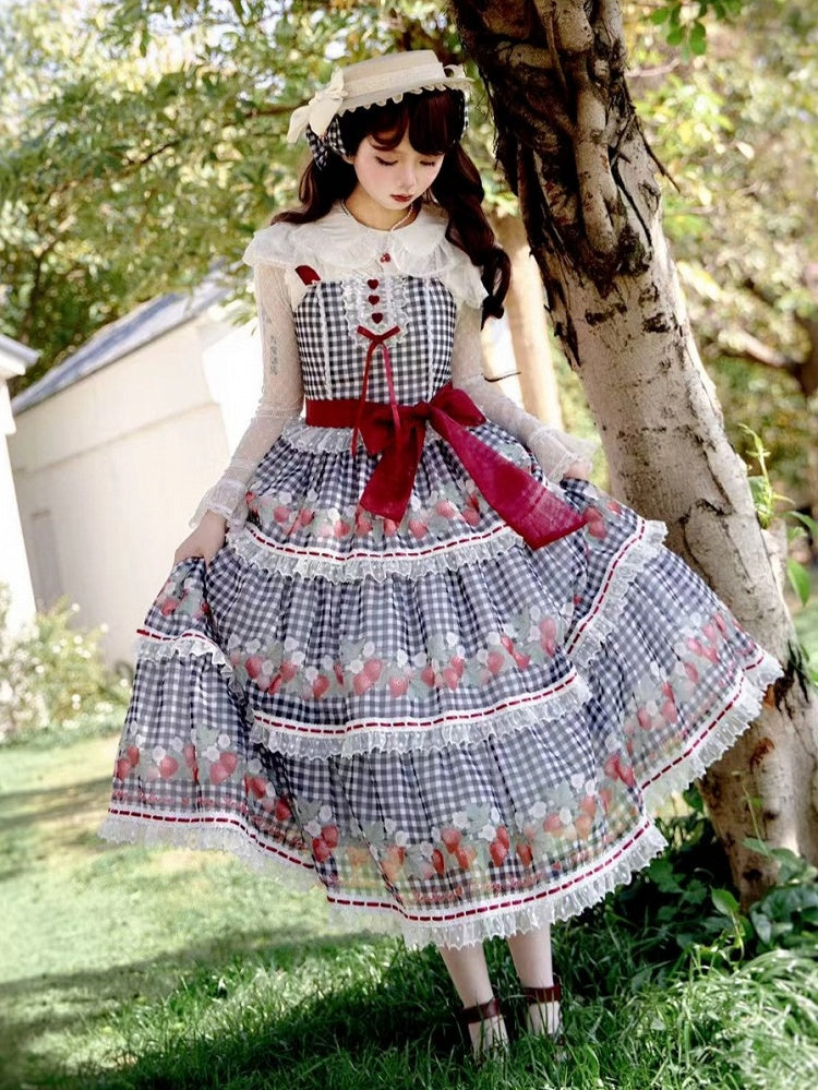 Strawberry Print Black Lolita Gingham Dress Sweet Summer Lolita Jumper Skirt