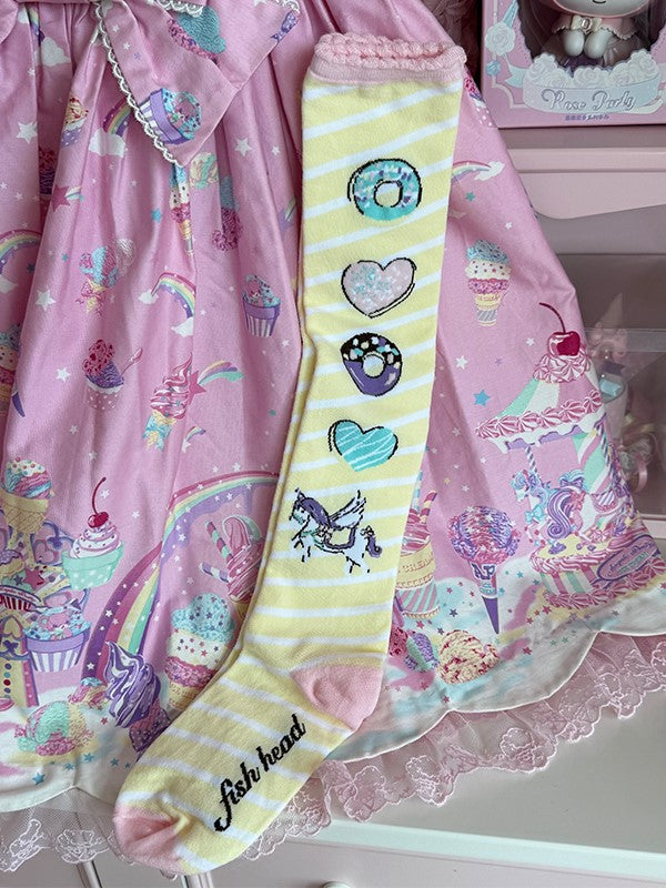 Over Striped Knee Donut Unicorn Pattern Print Lolita Pink/Yellow/Blue/Purple Stockings