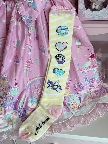 Over Striped Knee Donut Unicorn Pattern Print Lolita Pink/Yellow/Blue/Purple Stockings