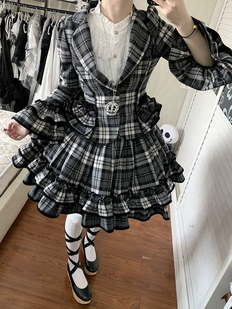 Notched + Old Lolita White Skirt Lapel Plaid - Set Black School Ruffled Blazer